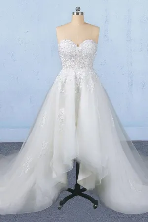 Off White Sweetheart High Low Tulle Appliques Wedding Dresses with Train UQ2346