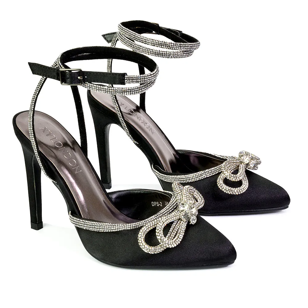 Saxon Strappy Stiletto High Heel Court Shoes With Diamante Bow in Ivory