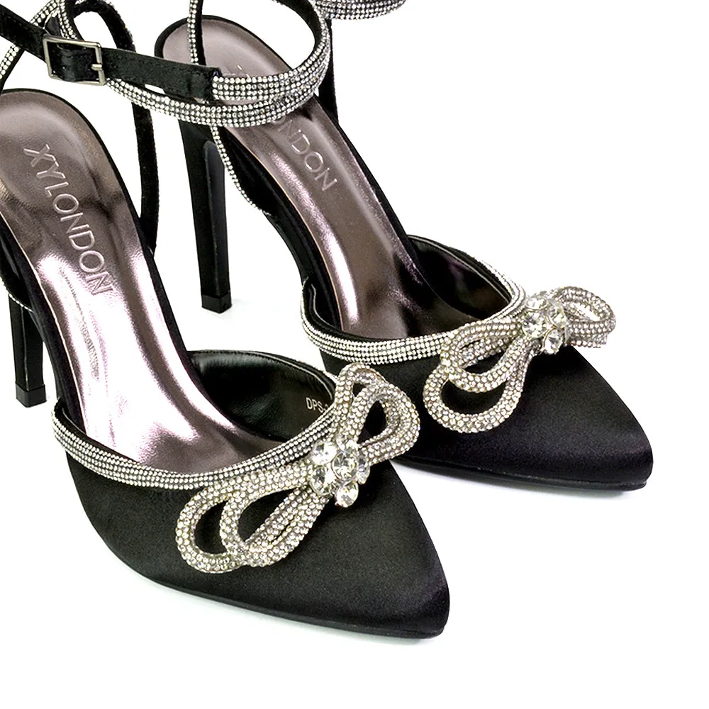 Saxon Strappy Stiletto High Heel Court Shoes With Diamante Bow in Ivory