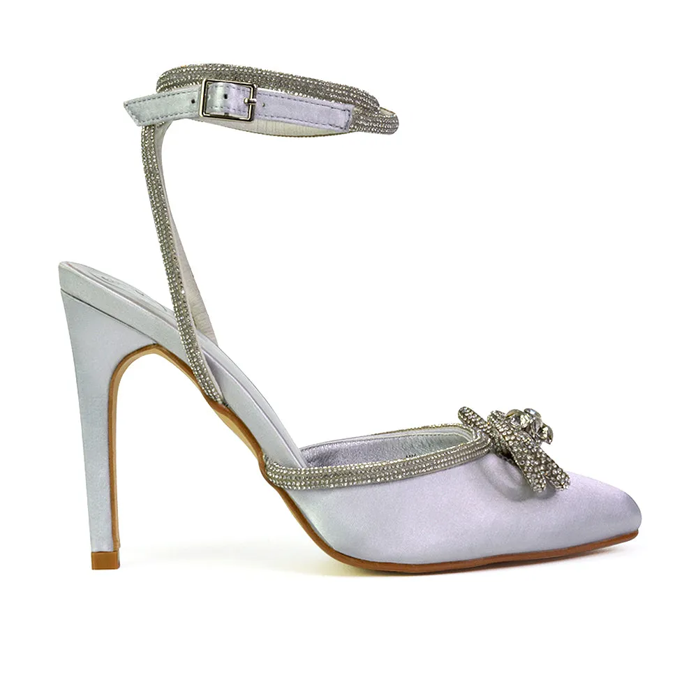 Saxon Strappy Stiletto High Heel Court Shoes With Diamante Bow in Ivory