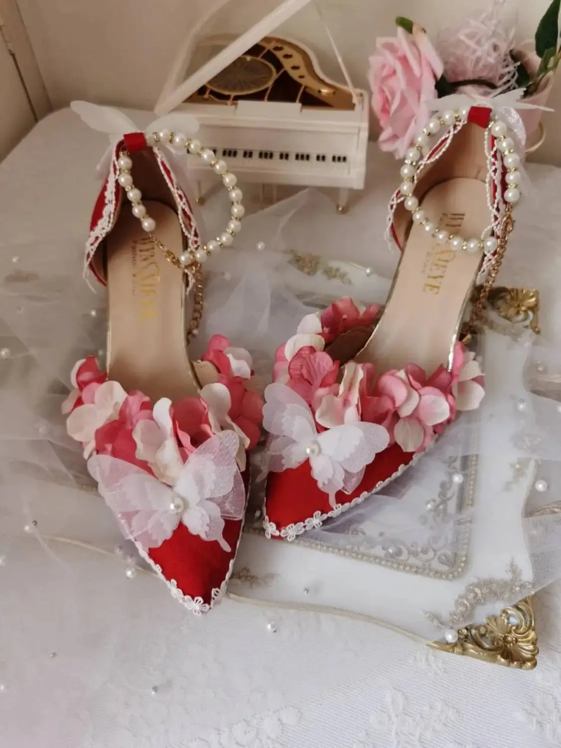 Sohiwoo Lolita red flower feast French palace vintage Chinese style high heels kawaii shoes cosplay loli women shoes princess kawaii