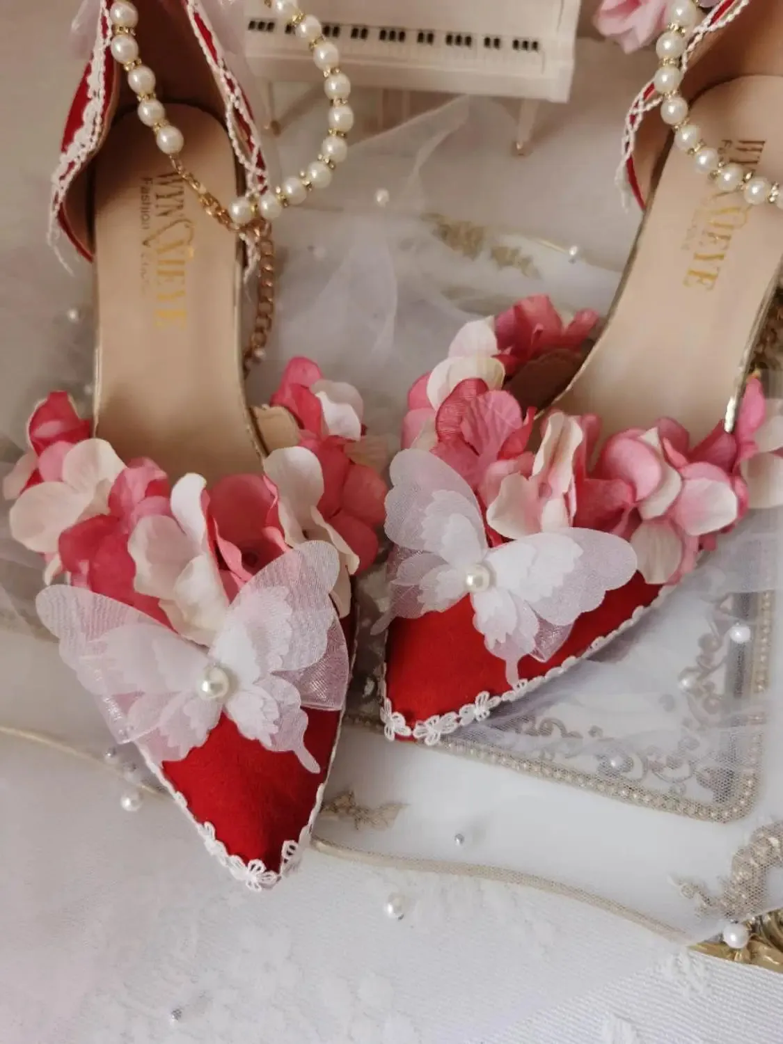 Sohiwoo Lolita red flower feast French palace vintage Chinese style high heels kawaii shoes cosplay loli women shoes princess kawaii