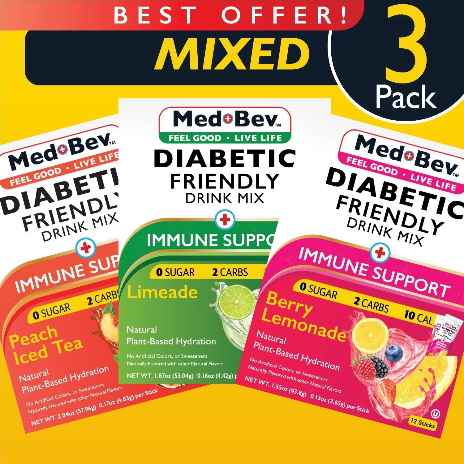 Starter Pack Variety Bundle – Sugar-Free, Low-Carb Drink Mix – Berry Lemonade, Limeade, Peach Iced Tea – Buy 2, Get 1 Free