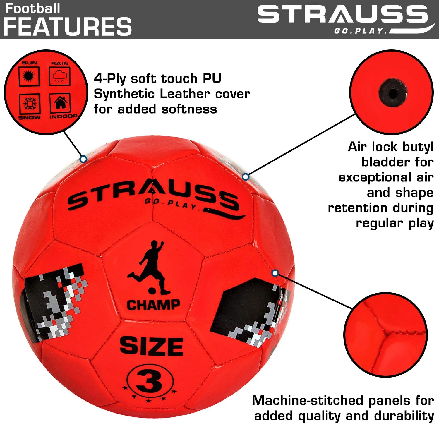 STRAUSS Official Football Size 3 | Professional Match Ball for Indoor & Outdoor Games & Training for Kids & Adults | Granular Texture with High-Performance Grained Surface, (Red)