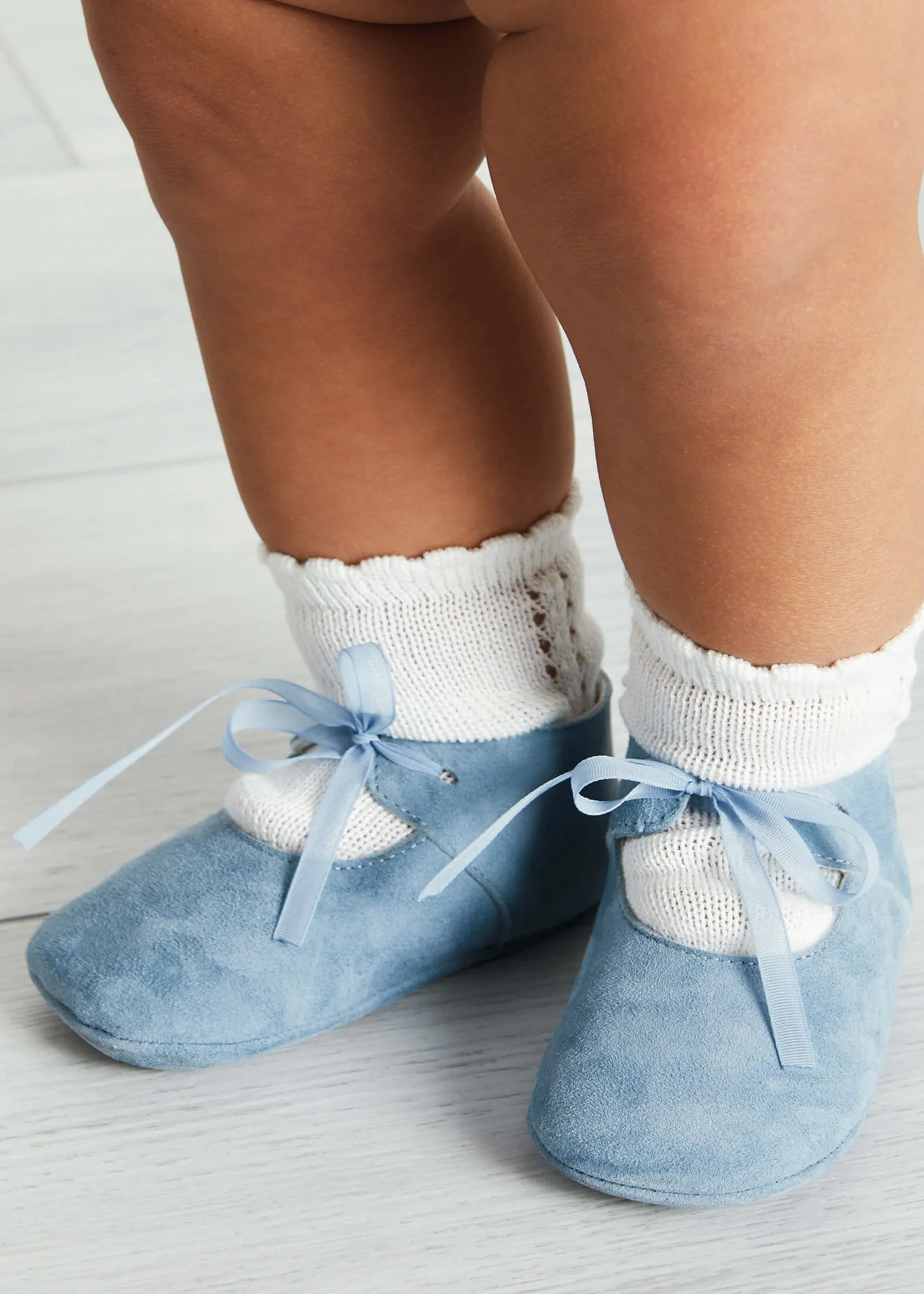 Suede Organza Fastening Pram Shoes in Dusty Blue (17-20EU)