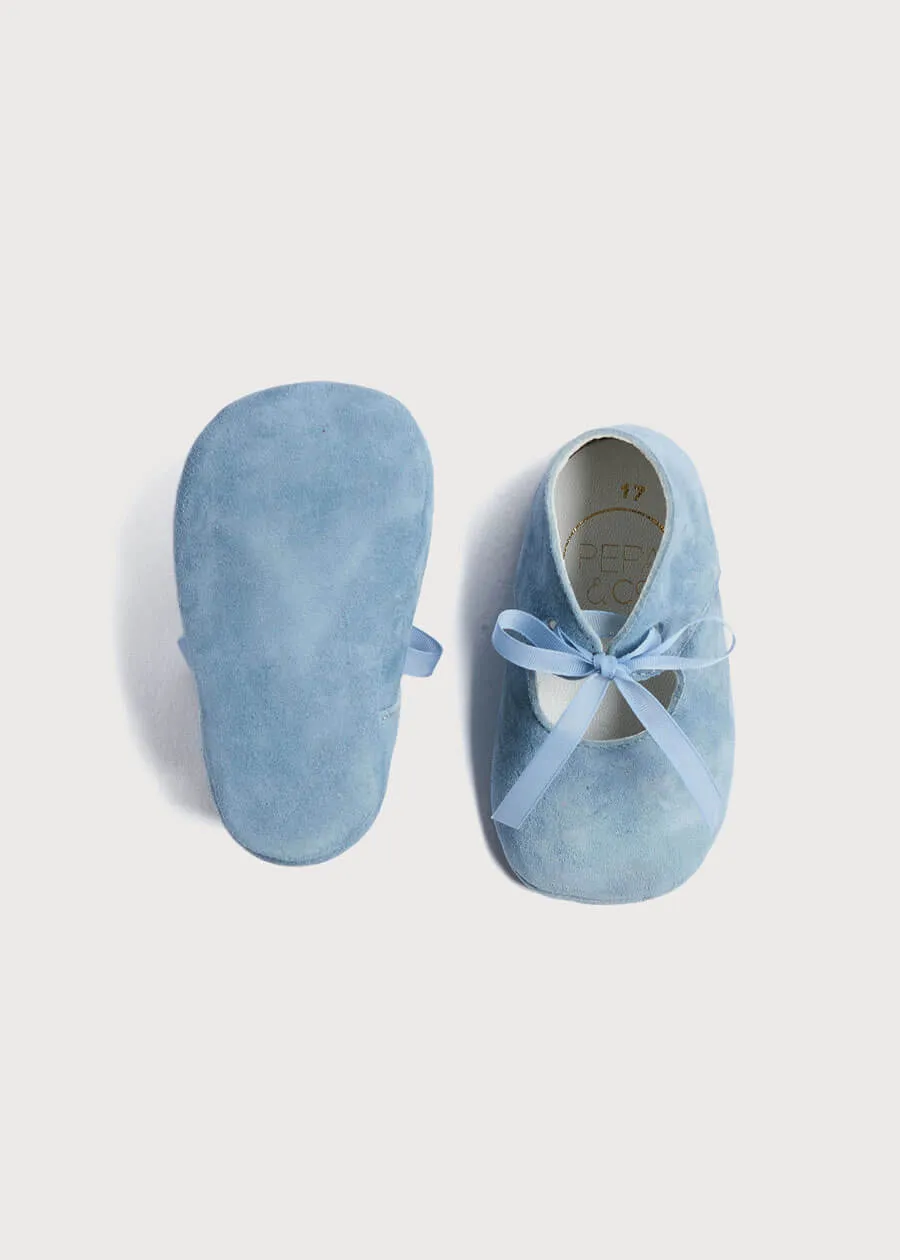 Suede Organza Fastening Pram Shoes in Dusty Blue (17-20EU)