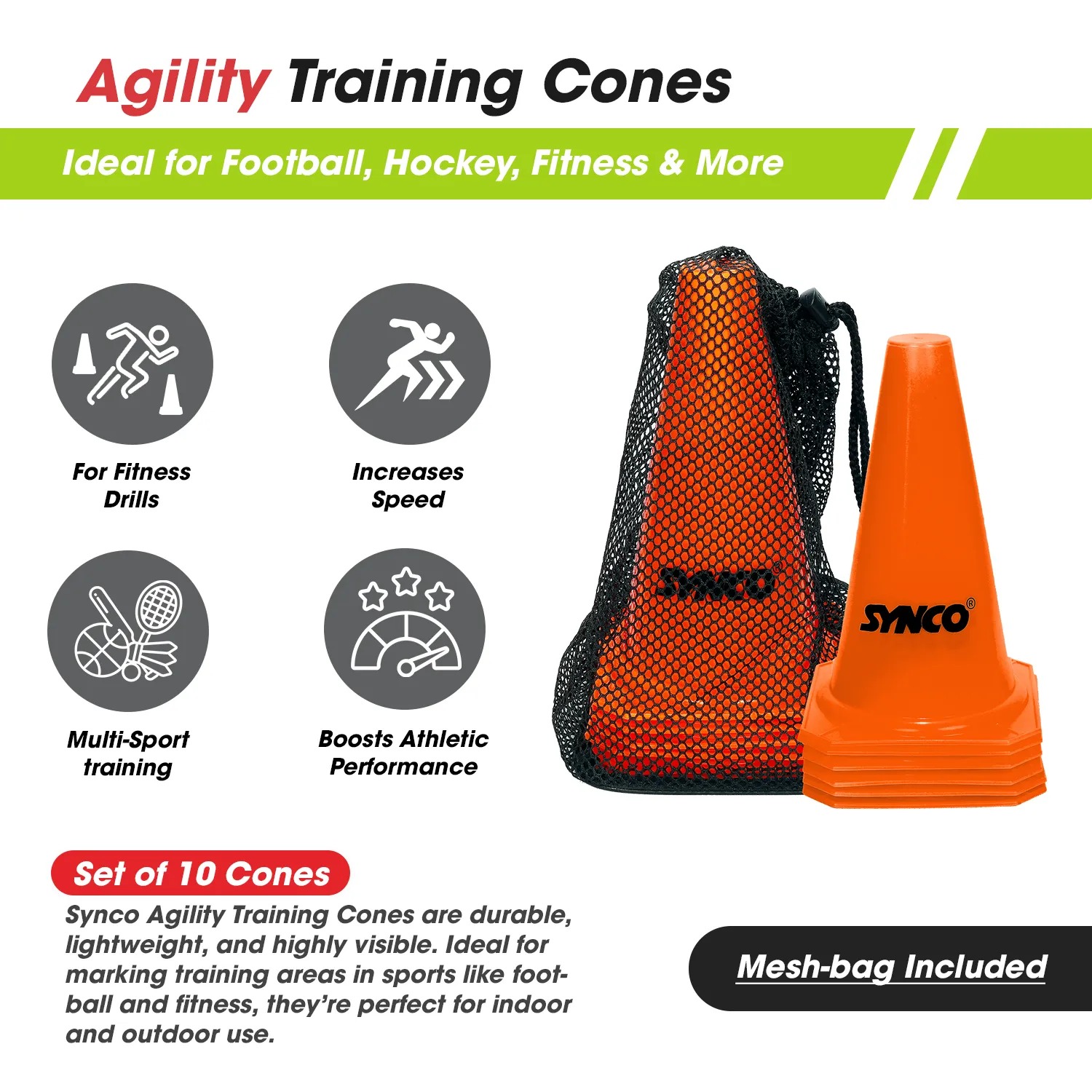 Synco Agility Training Marker Cones | Cones for Training, Fitness & Marking (Traffic Cones) 9 inch, 12 inch