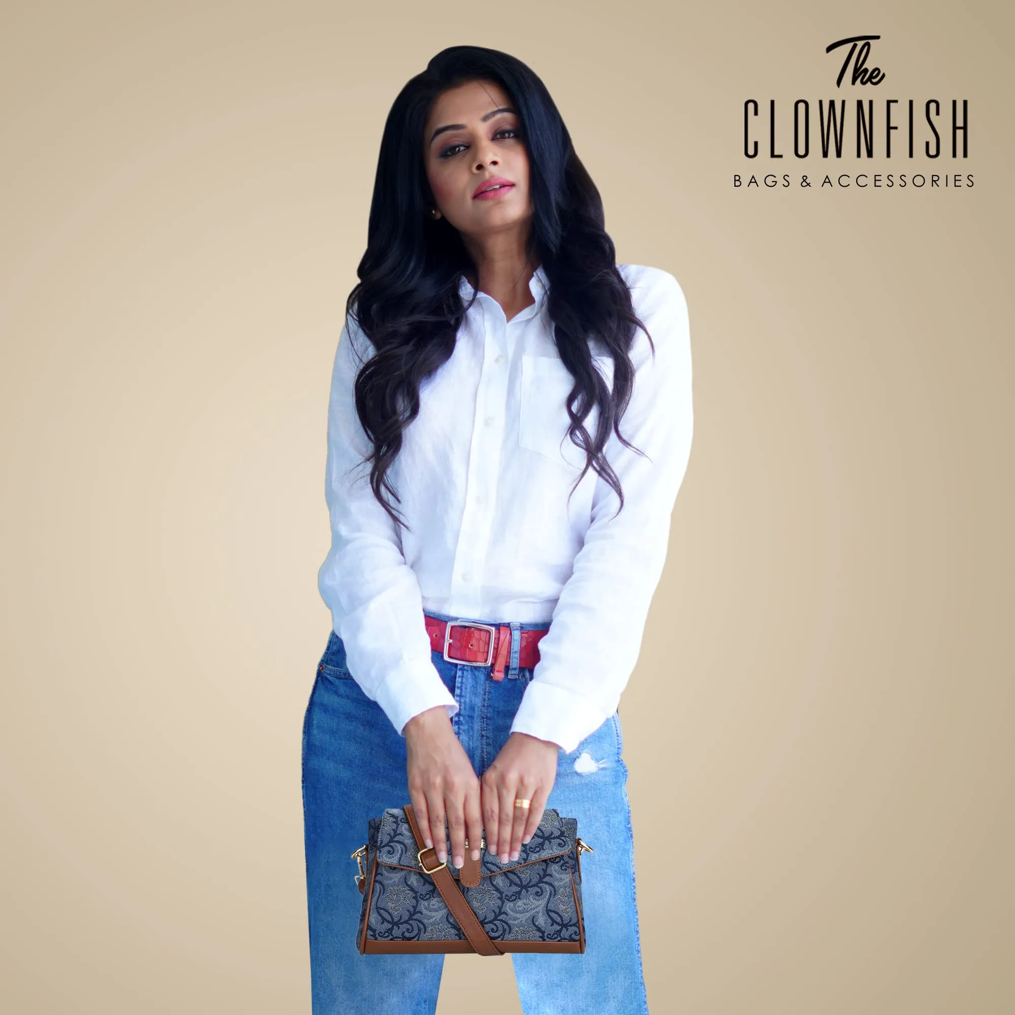 The Clownfish Odelina Series Printed Handicraft Fabric Handbag for Women Sling Bag Office Bag Ladies Shoulder Bag with Snap Flap Closure & Shoulder Belt Tote For Women (Blue-Floral)