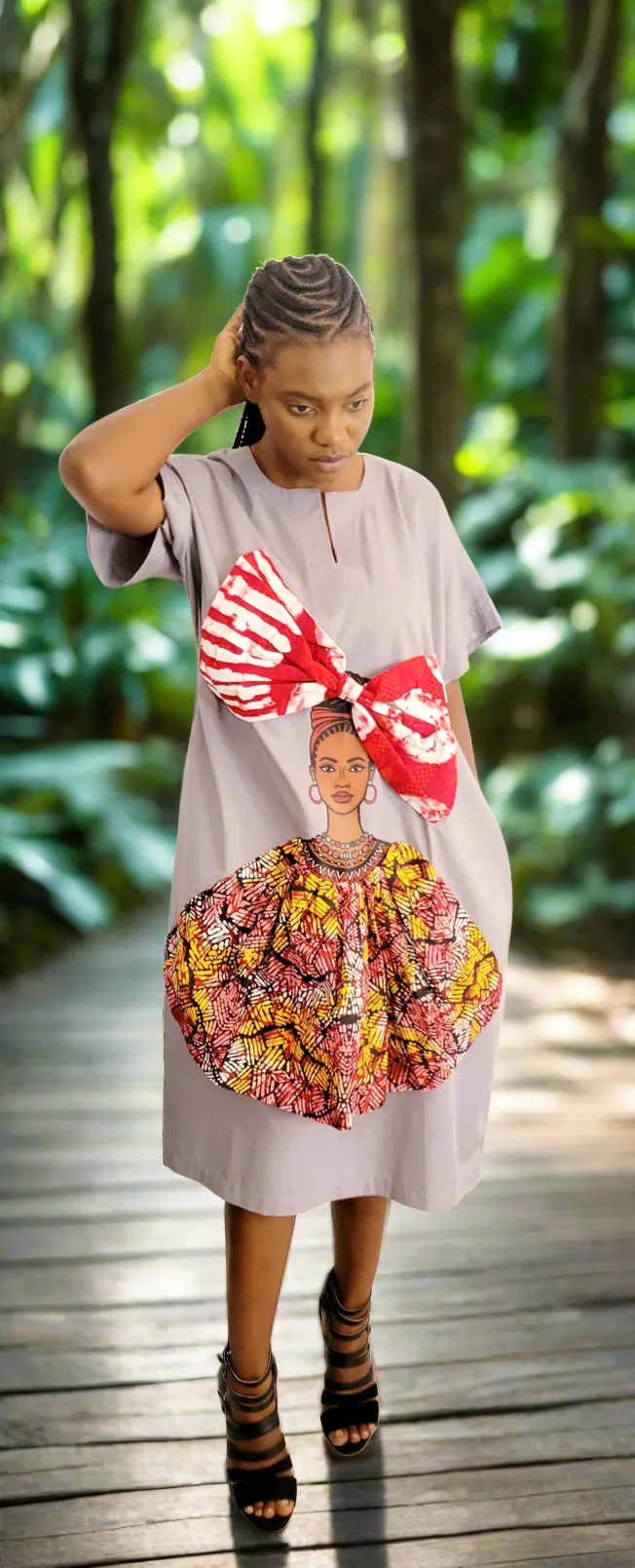 The Ngozi African Woman Face Print With Ankara Headwrap in Grey