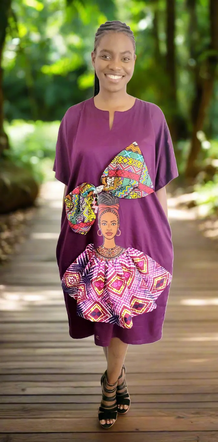 The Ngozi African Woman Face Print With Ankara Headwrap in Purple