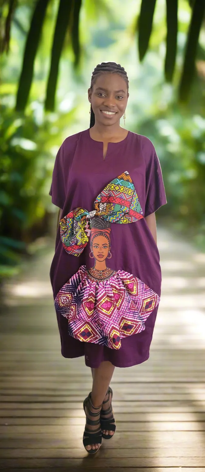 The Ngozi African Woman Face Print With Ankara Headwrap in Purple