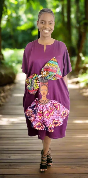 The Ngozi African Woman Face Print With Ankara Headwrap in Purple