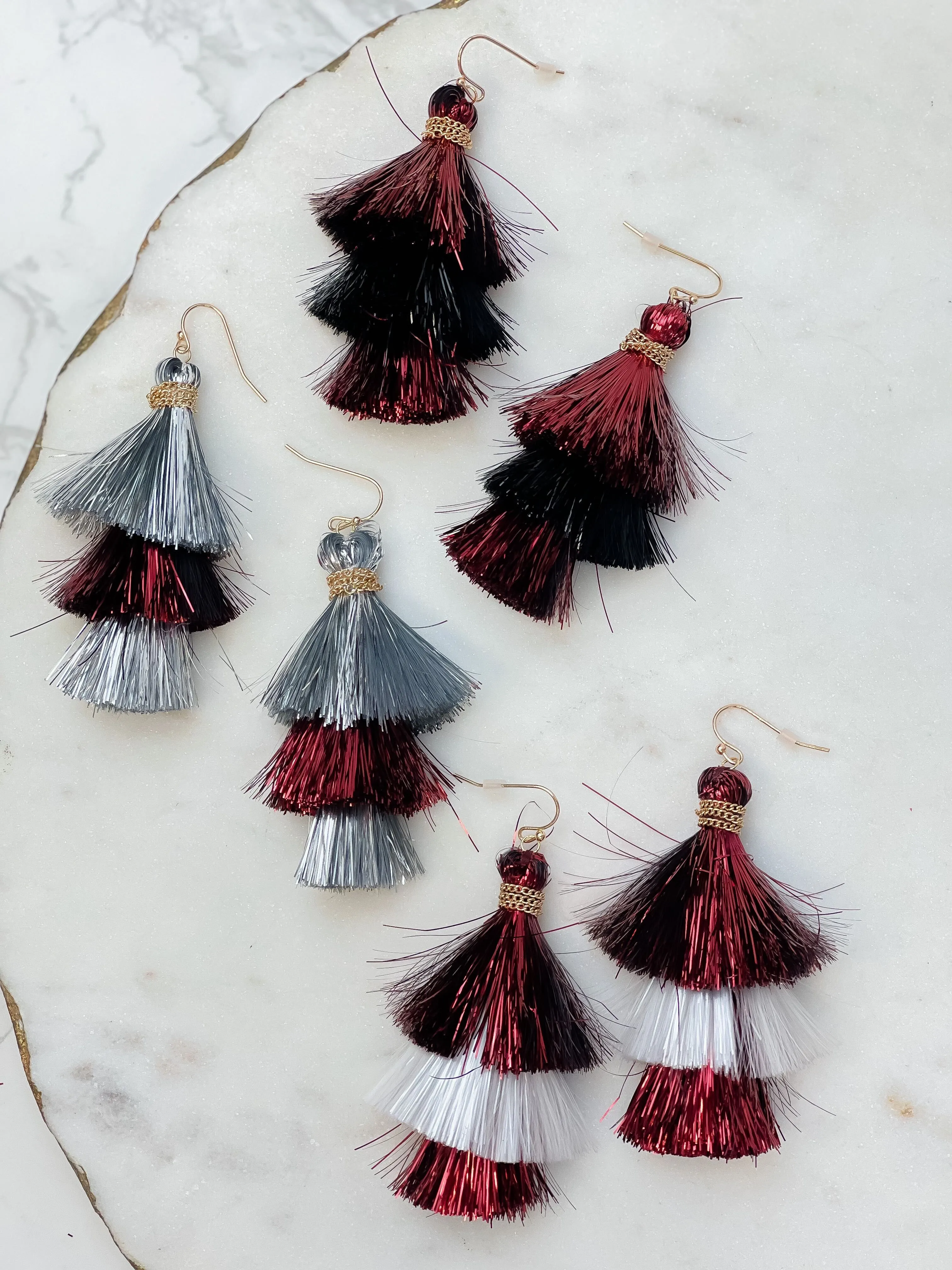 Tinsel Tiered Tassel Earrings - Burgundy & Black