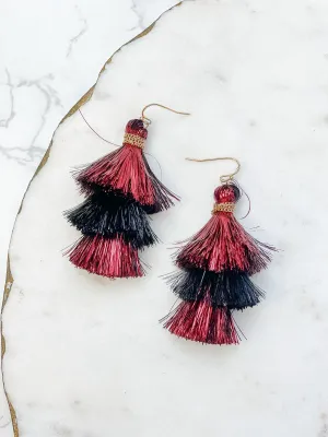 Tinsel Tiered Tassel Earrings - Burgundy & Black