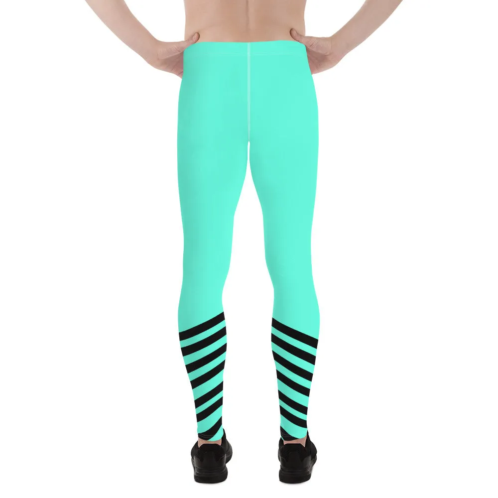 Turquoise Blue Striped Meggings, Bright Black Stripe Print Men's Leggings- Made in USA/ EU