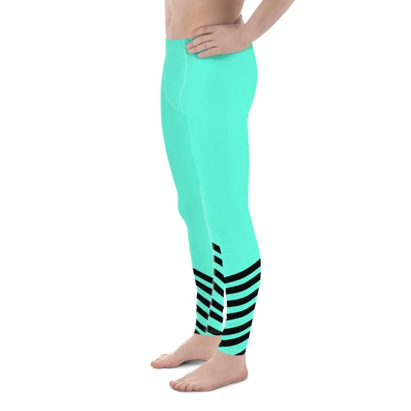 Turquoise Blue Striped Meggings, Bright Black Stripe Print Men's Leggings- Made in USA/ EU