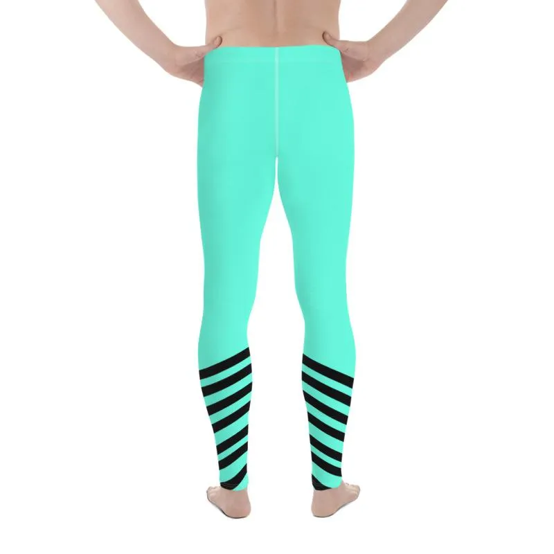 Turquoise Blue Striped Meggings, Bright Black Stripe Print Men's Leggings- Made in USA/ EU