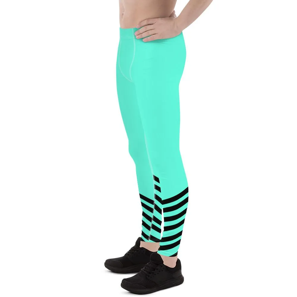 Turquoise Blue Striped Meggings, Bright Black Stripe Print Men's Leggings- Made in USA/ EU