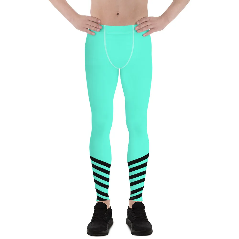 Turquoise Blue Striped Meggings, Bright Black Stripe Print Men's Leggings- Made in USA/ EU