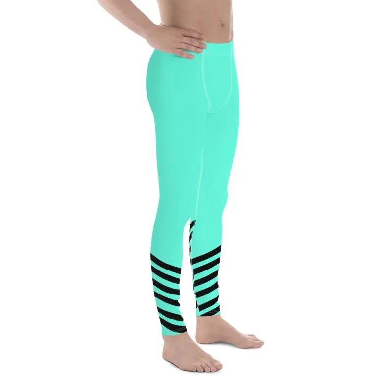 Turquoise Blue Striped Meggings, Bright Black Stripe Print Men's Leggings- Made in USA/ EU