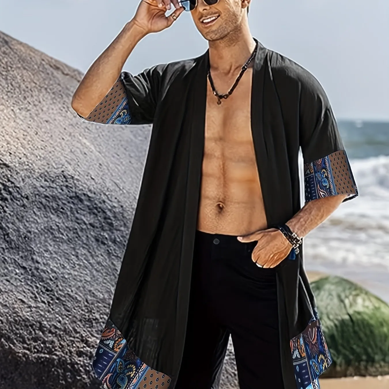 Ultra-Soft Mens Paisley Print Short Sleeve Robe - Stylish Open Front Loungewear for Comfortable Nightly Wear - Perfect After Bath or Relaxing at Home