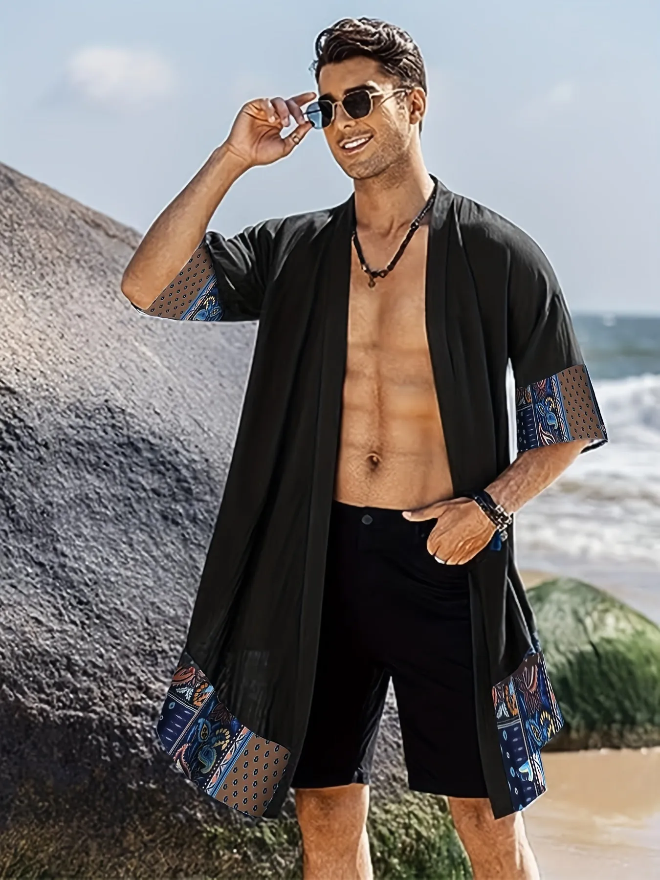 Ultra-Soft Mens Paisley Print Short Sleeve Robe - Stylish Open Front Loungewear for Comfortable Nightly Wear - Perfect After Bath or Relaxing at Home