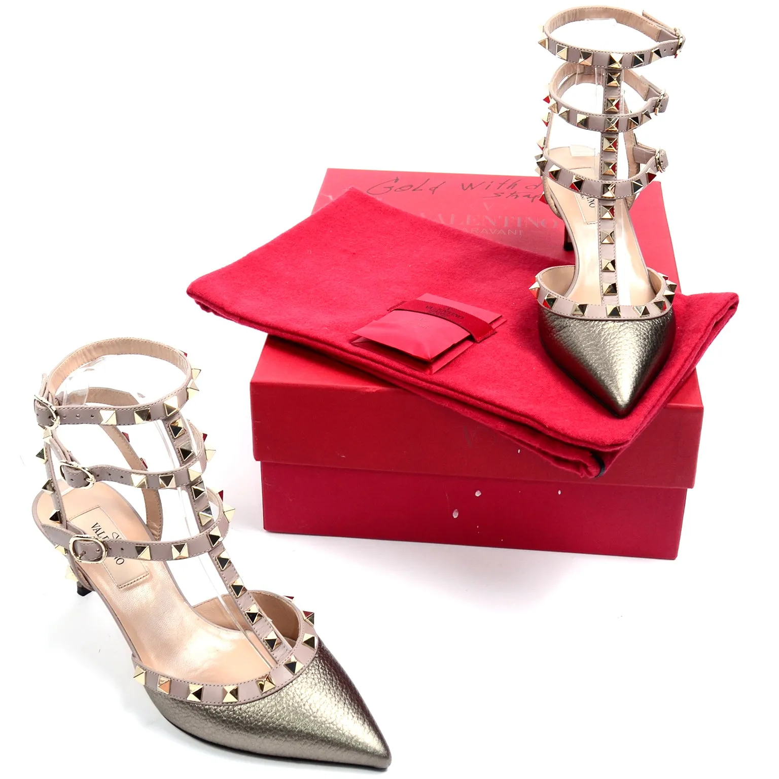 Valentino Gold Rockstud Cage Ankle Strap Buckle Shoes With Box