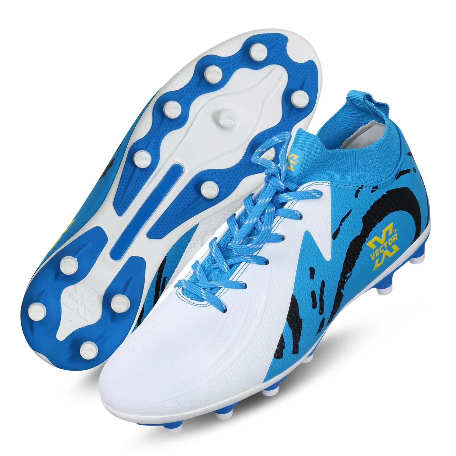 Vector X Octane 2.0 Soccer Football Studs – Imported PU Upper, PU Sole, Embossed Printing, White/Blue