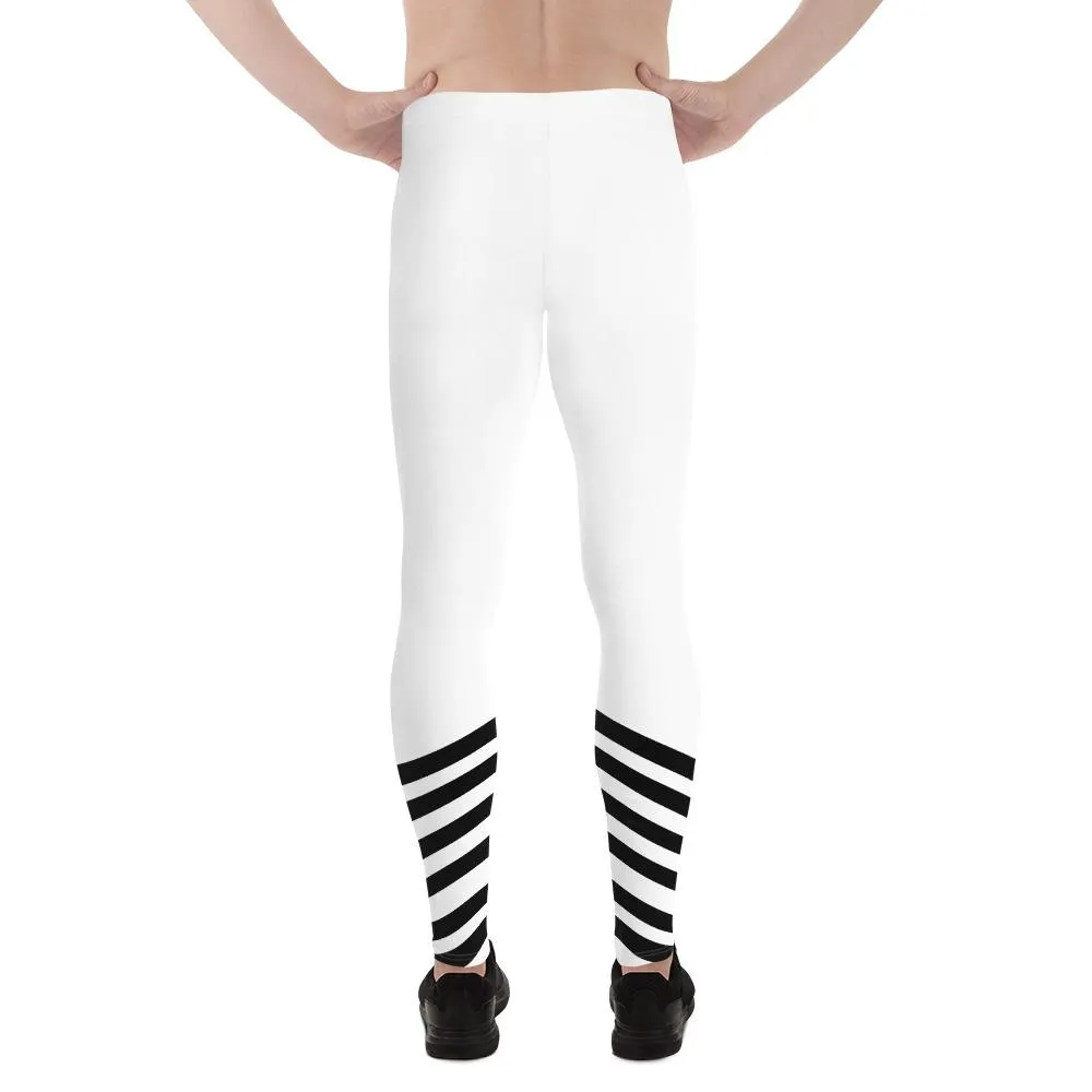 White Black Diagonal Stripe Print Men's Leggings Compression Tights- Made in USA/ EU