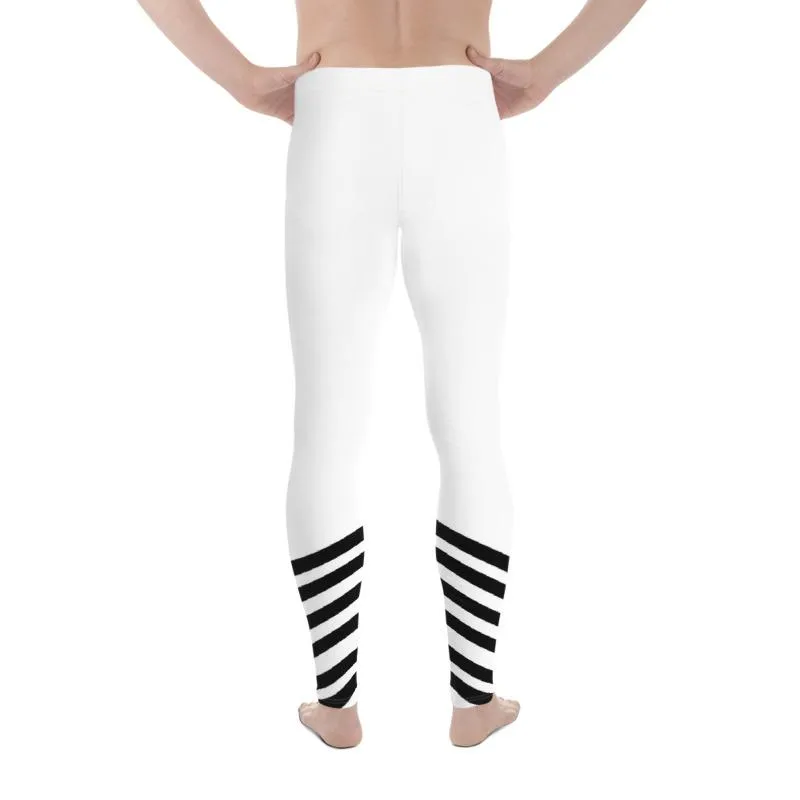 White Black Diagonal Stripe Print Men's Leggings Compression Tights- Made in USA/ EU