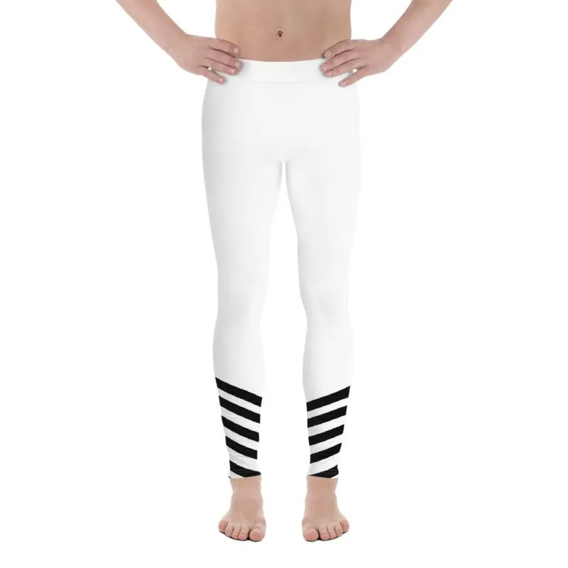 White Black Diagonal Stripe Print Men's Leggings Compression Tights- Made in USA/ EU