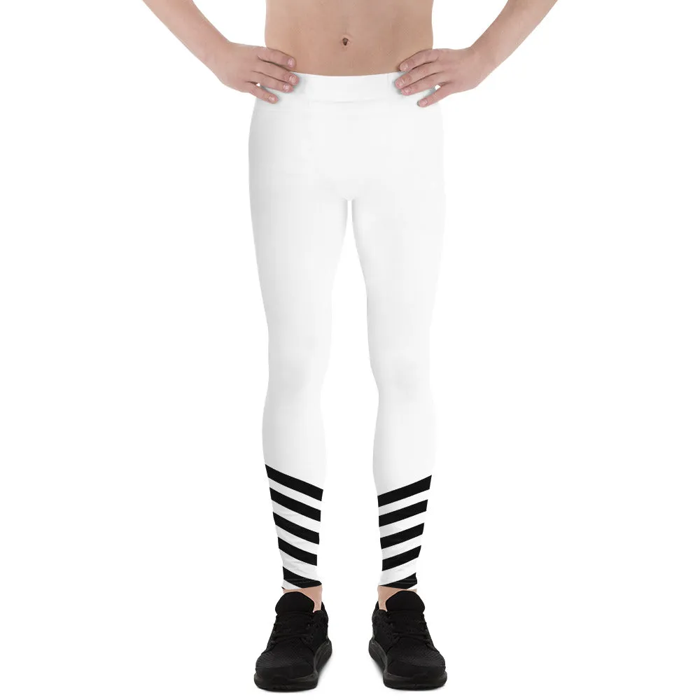 White Black Diagonal Stripe Print Men's Leggings Compression Tights- Made in USA/ EU