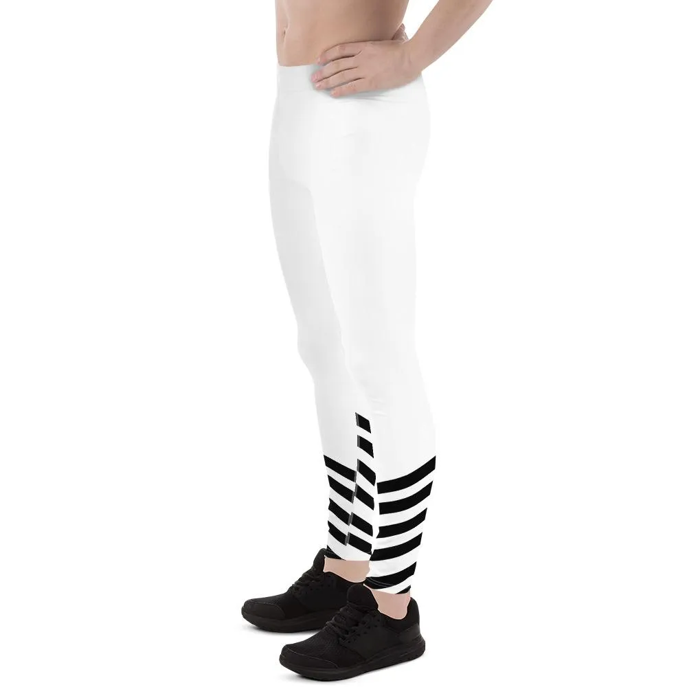 White Black Diagonal Stripe Print Men's Leggings Compression Tights- Made in USA/ EU