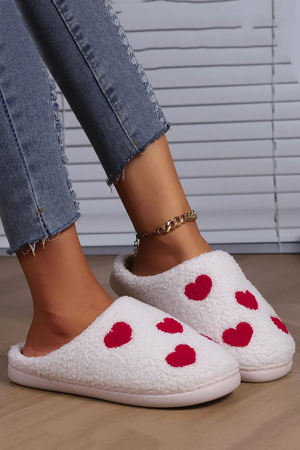 White Hearts Print Plush House Slippers - Fern and Oak