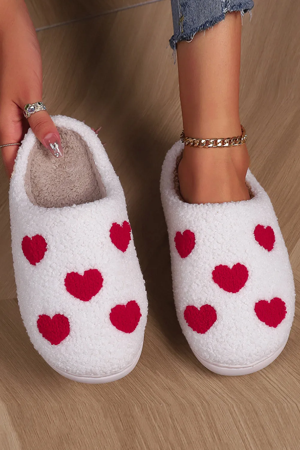 White Hearts Print Plush House Slippers - Fern and Oak